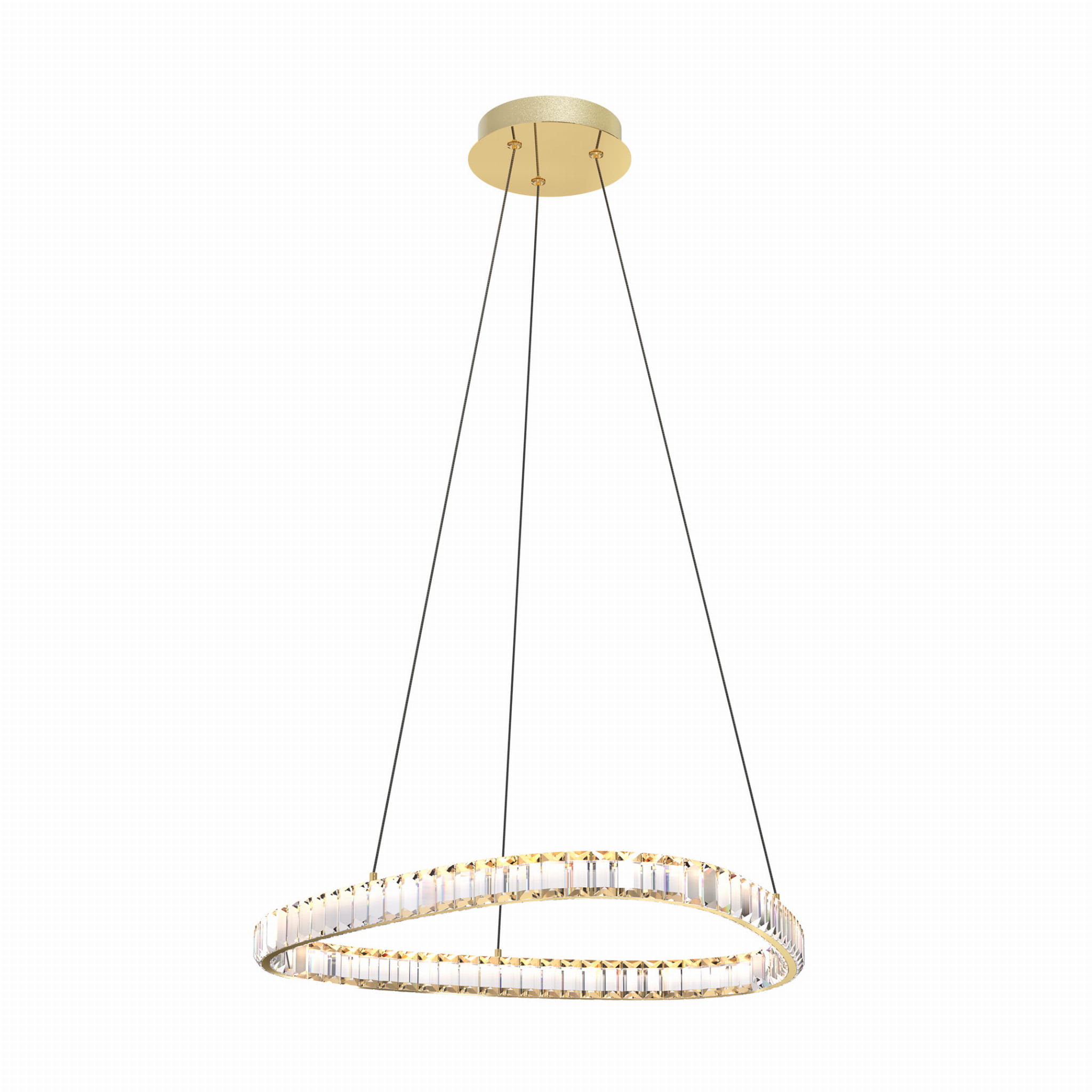 Lampa wisząca Athesa w kolorze złotym z pilotem, z pojedynczym źródłem LED o mocy 25W. Okrągły kształt z przezroczystymi elementami, zawieszona na dwóch czarnych linkach. Surowe tło podkreśla elegancję lampy.
