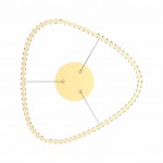 Lampa wisząca Athesa, złota, z pilotem, o kształcie trójkątnym. Widoczna struktura z LED o mocy 25W oraz okrągła podstawa. Zawieszenie ukazuje trzy punkty mocowania. Tło białe, proste.