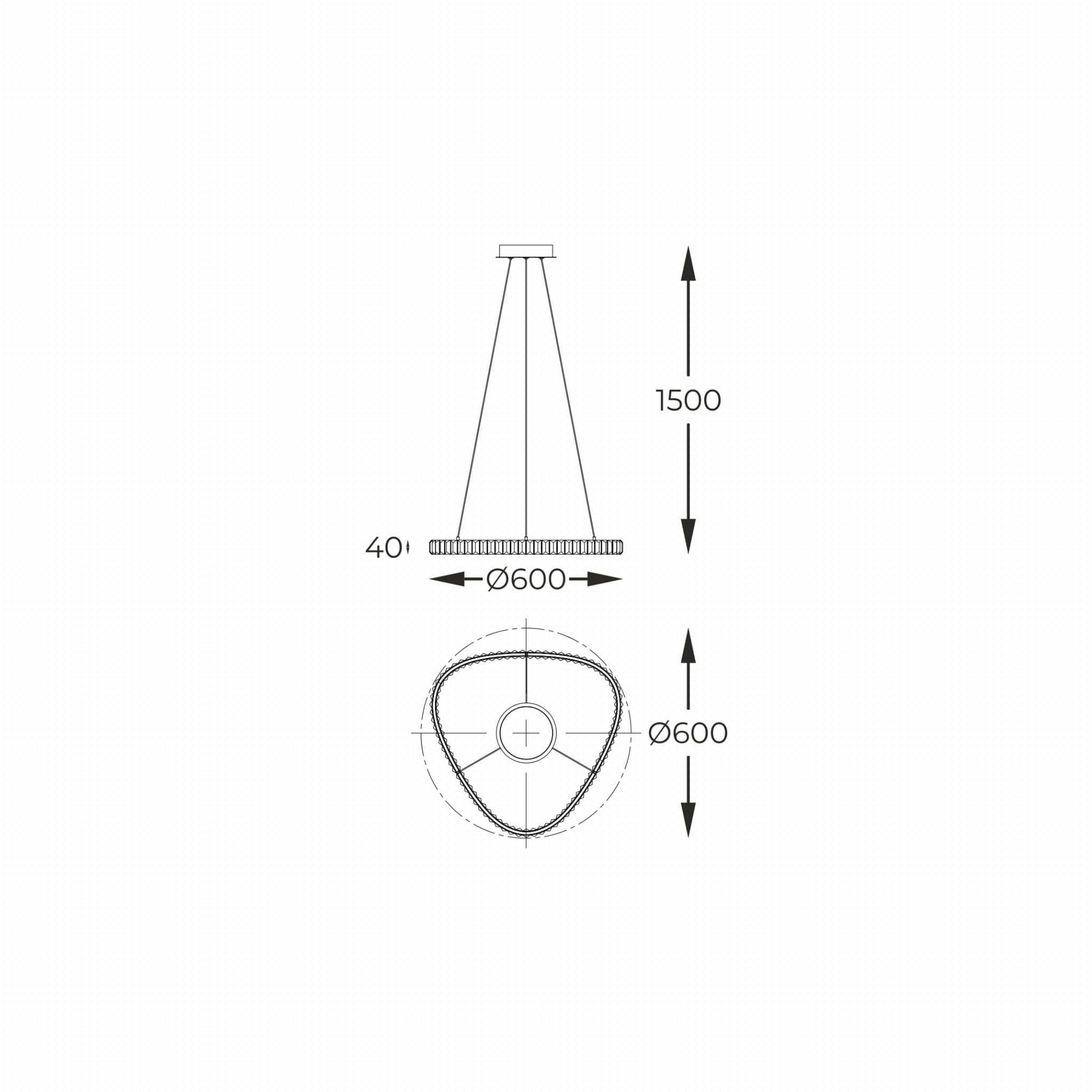 Lampa wisząca Athesa z pilotem, złota, o wymiarach Ø600 mm i wysokości 1500 mm. Kształt przypominający trójkąt, z zawieszeniem na cienkim kablu. Wbudowane źródło LED o mocy 25W. Projekt minimalistyczny, idealny do nowoczesnych wnętrz.