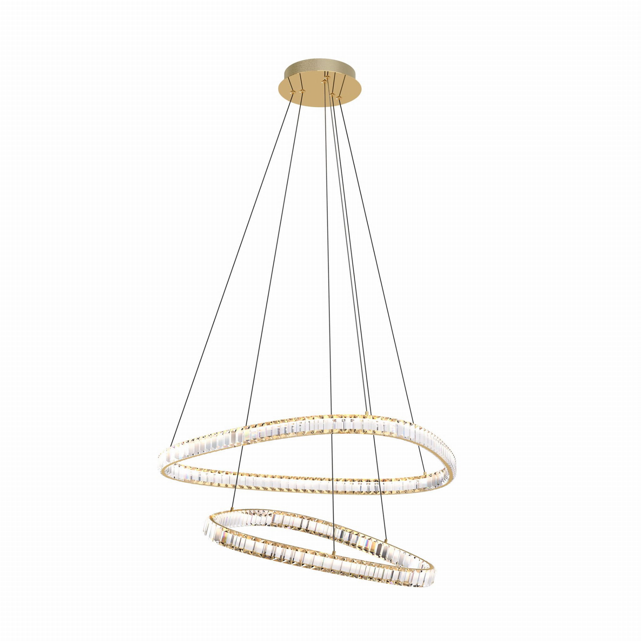 Lampa wisząca Athesa z pilotem, złota, z dwoma okrągłymi pierścieniami LED, zawieszona na czarnych linkach. Wyposażona w 36W oświetlenia, nowoczesny design, idealna do eleganckich wnętrz.