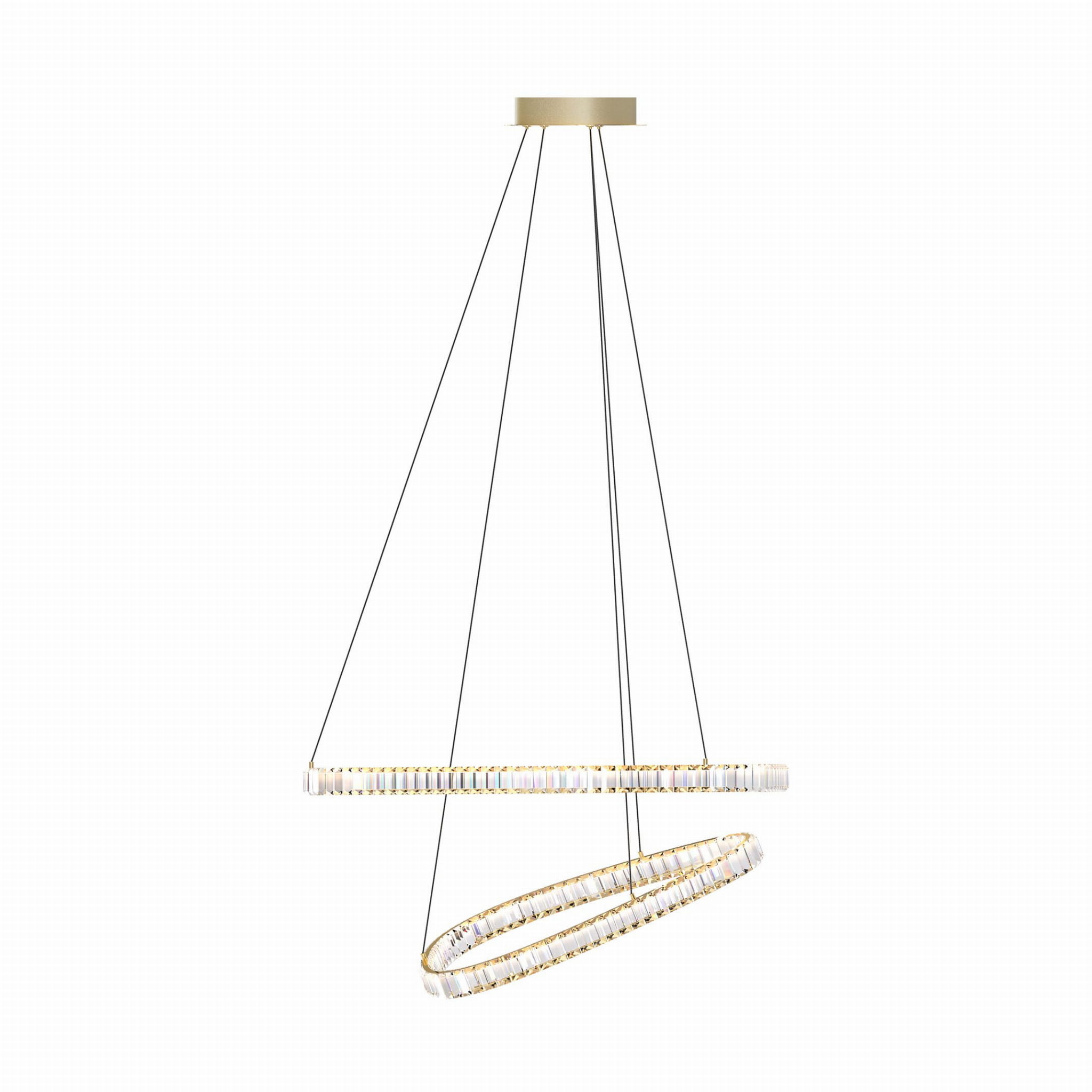 Lampa wisząca Athesa w złotym kolorze z dwoma okręgami LED (36W) zawieszona na czarnych linkach. Produkt z pilotem, z możliwością regulacji zawieszenia, umieszczony na jednolitym tle.
