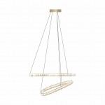 Lampa wisząca Athesa w złotym kolorze z dwoma okręgami LED (36W) zawieszona na czarnych linkach. Produkt z pilotem, z możliwością regulacji zawieszenia, umieszczony na jednolitym tle.
