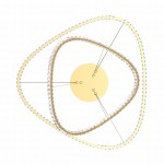 Lampa wisząca Athesa z pilotem, 2xLED/36W, złota. Posiada trzy spiralne ramiona z dekoracyjnymi kryształkami. Centralna część w kształcie koła, zawieszona na cienkich linkach, prezentuje nowoczesny design. Tło białe.