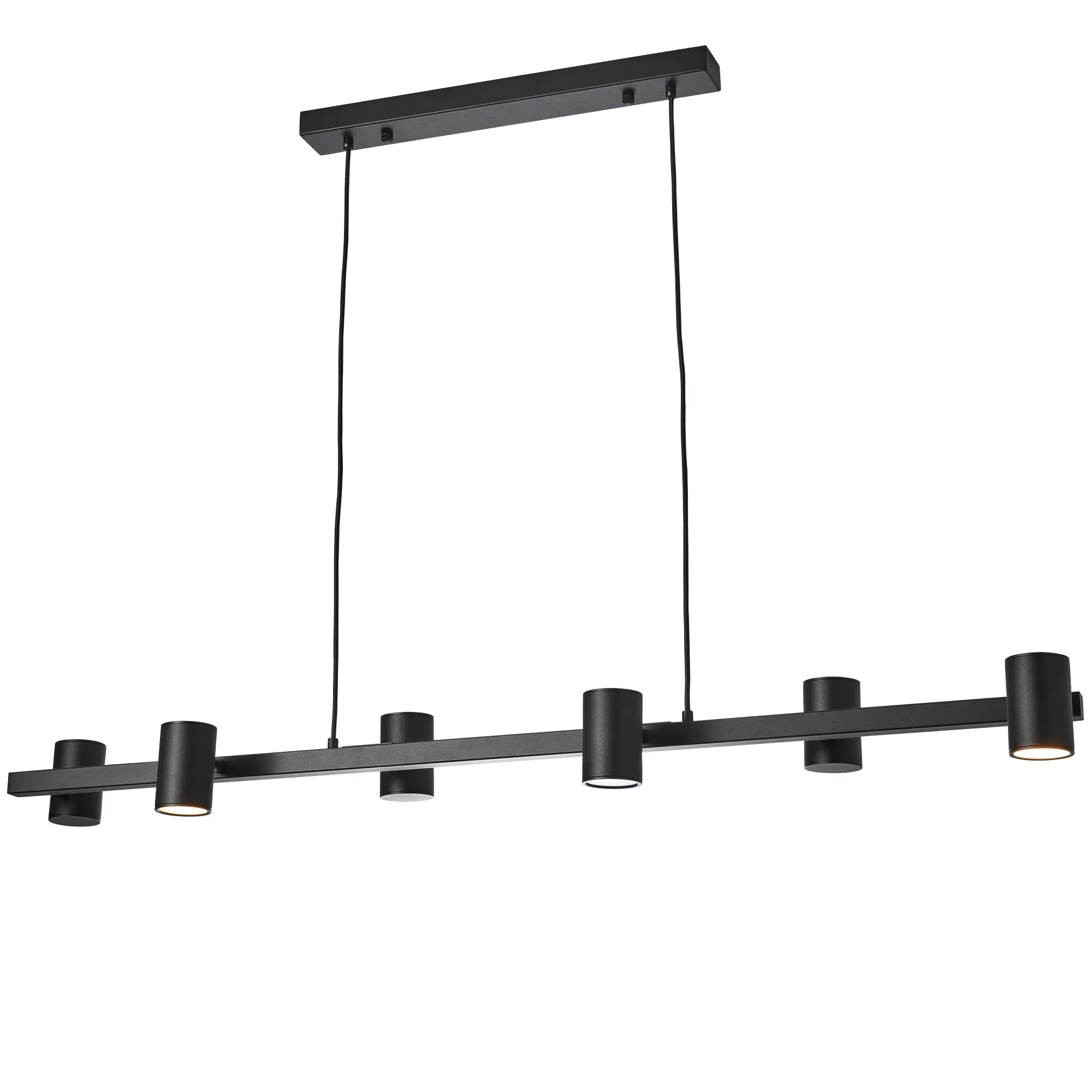 Lampa wisząca Noe w kolorze czarnym z sześcioma oprawami na żarówki GU10. Prosta konstrukcja z poziomą belką i cylindrycznymi uchwytami na żarówki. Ujęcie z boku, pokazujące detal montażowy oraz kable.