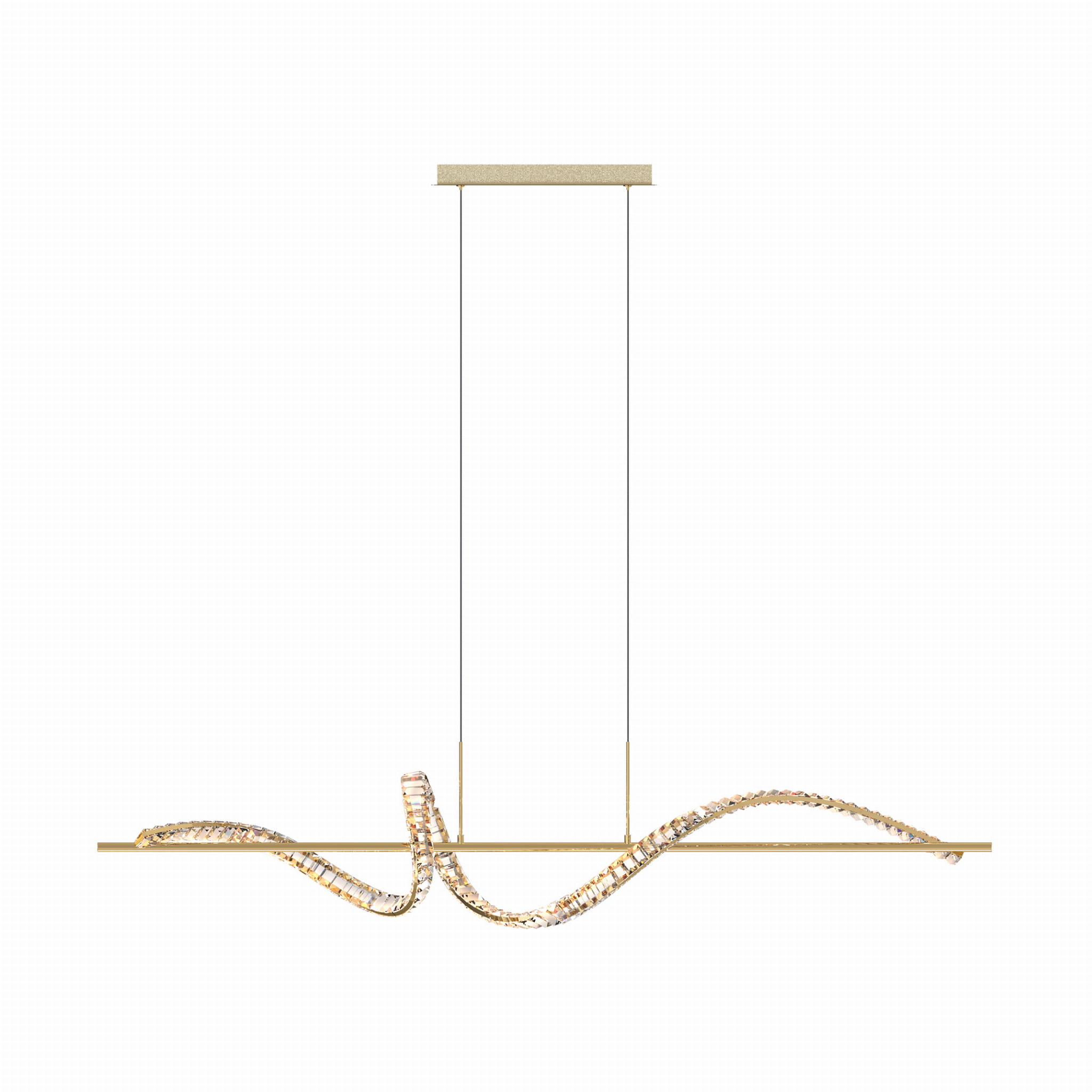Lampa wisząca Athesa w kolorze złotym z pilotem, z jedną żarówką LED o mocy 24.5W. Posiada minimalistyczny, falisty kształt z przezroczystymi zdobieniami, zawieszona na cienkich linkach, z prostokątnym stelażem na górze.