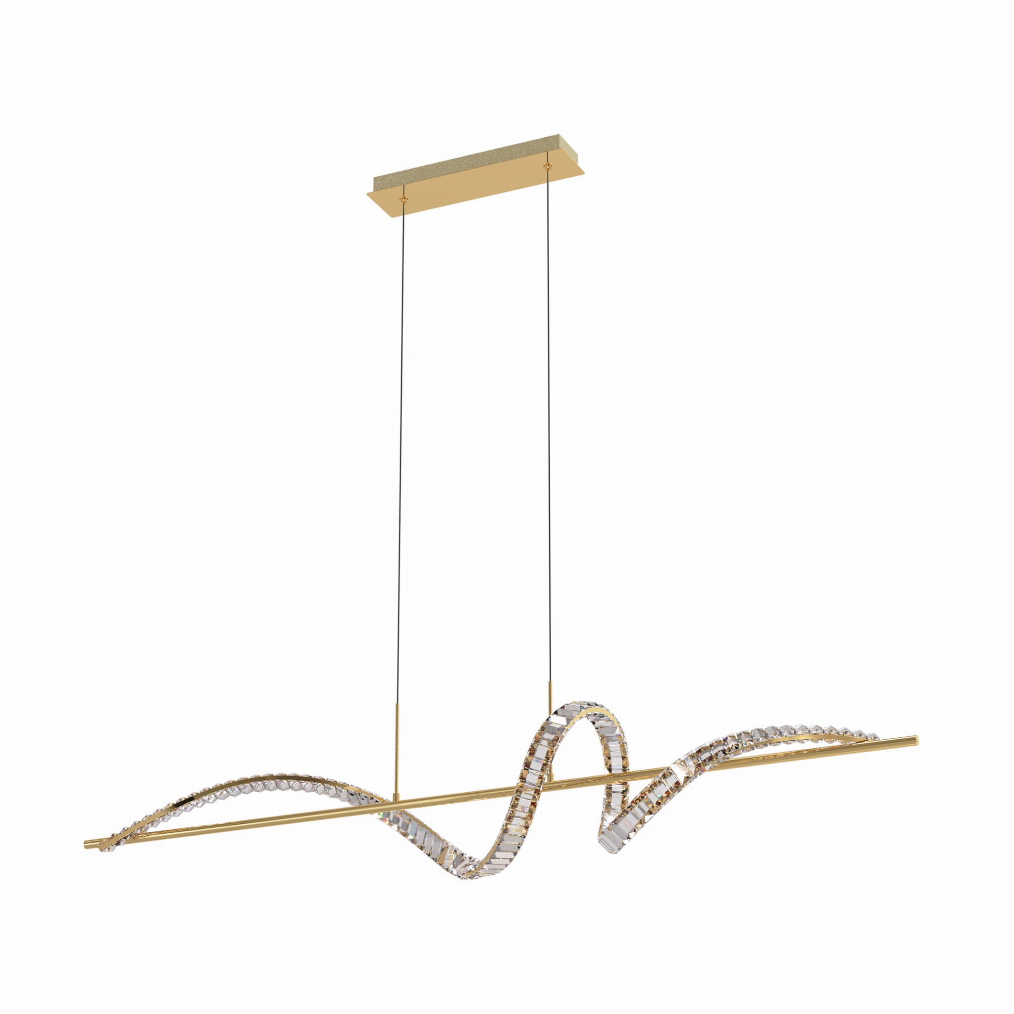 Lampa wisząca Athesa w kolorze złotym, z pilotem, z jedną żarówką LED o mocy 24.5W. Posiada elegancki, kręty kształt z przezroczystymi akcentami. Ujęcie frontalne, zawieszona na cienkich linkach z prostokątnym stropem.