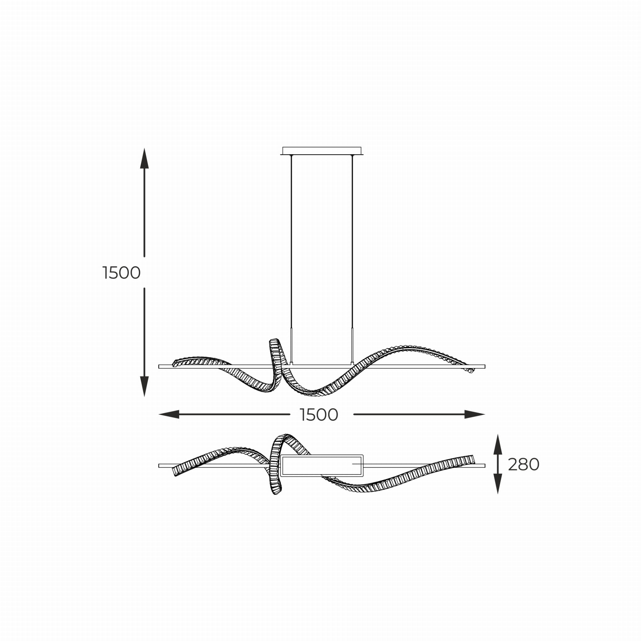 Lampa wisząca Athesa w kolorze złotym, z pilotem. Wymiary: wysokość 150 cm, szerokość 150 cm, głębokość 28 cm. Posiada elastyczny kształt z przewodami, idealna do nowoczesnych wnętrz. Zintegrowane źródło światła LED o mocy 24,5 W.