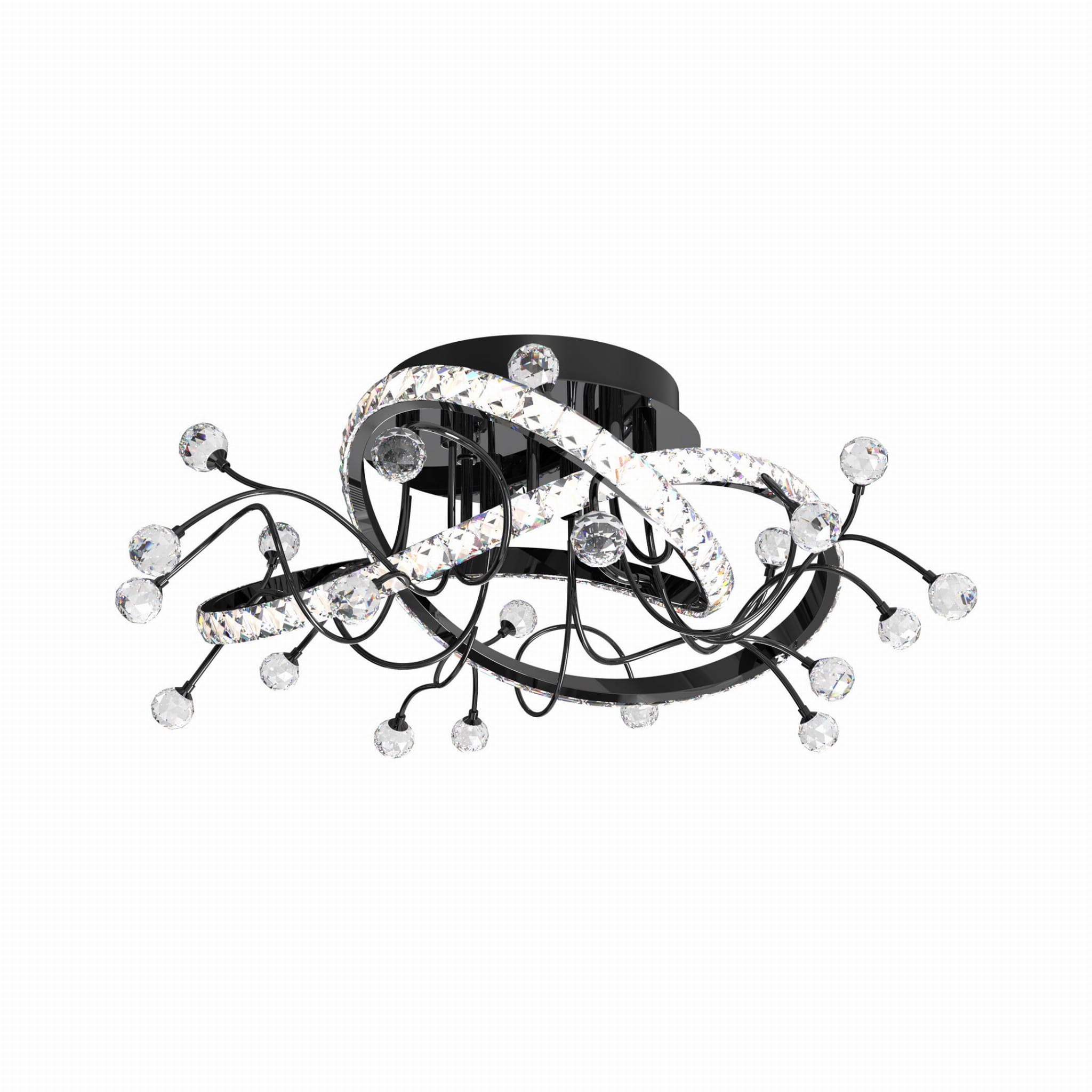 Czarna lampa sufitowa Maia z pilotem, z 1xLED/26W, z otwartą konstrukcją i dekoracyjnymi kryształkami. Ujęcie z góry, ukazujące spiralne ramiona i okrągłą podstawę, na białym tle.