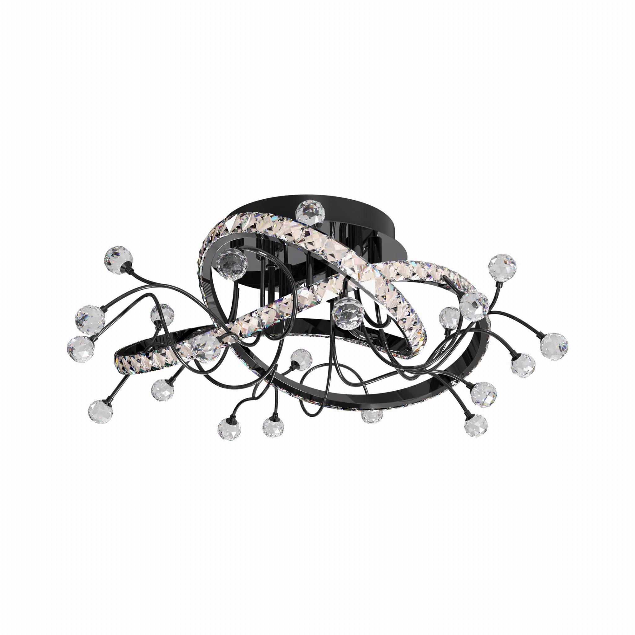 Czarna lampa sufitowa Maia z pilotem, 1xLED/26W, z finezyjnymi, zakrzywionymi ramionami oraz kryształowymi kulkami. Ujęcie z góry, lampa zamontowana na suficie, w nowoczesnym stylu.
