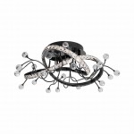 Czarna lampa sufitowa Maia z pilotem, 1xLED/26W, z finezyjnymi, zakrzywionymi ramionami oraz kryształowymi kulkami. Ujęcie z góry, lampa zamontowana na suficie, w nowoczesnym stylu.
