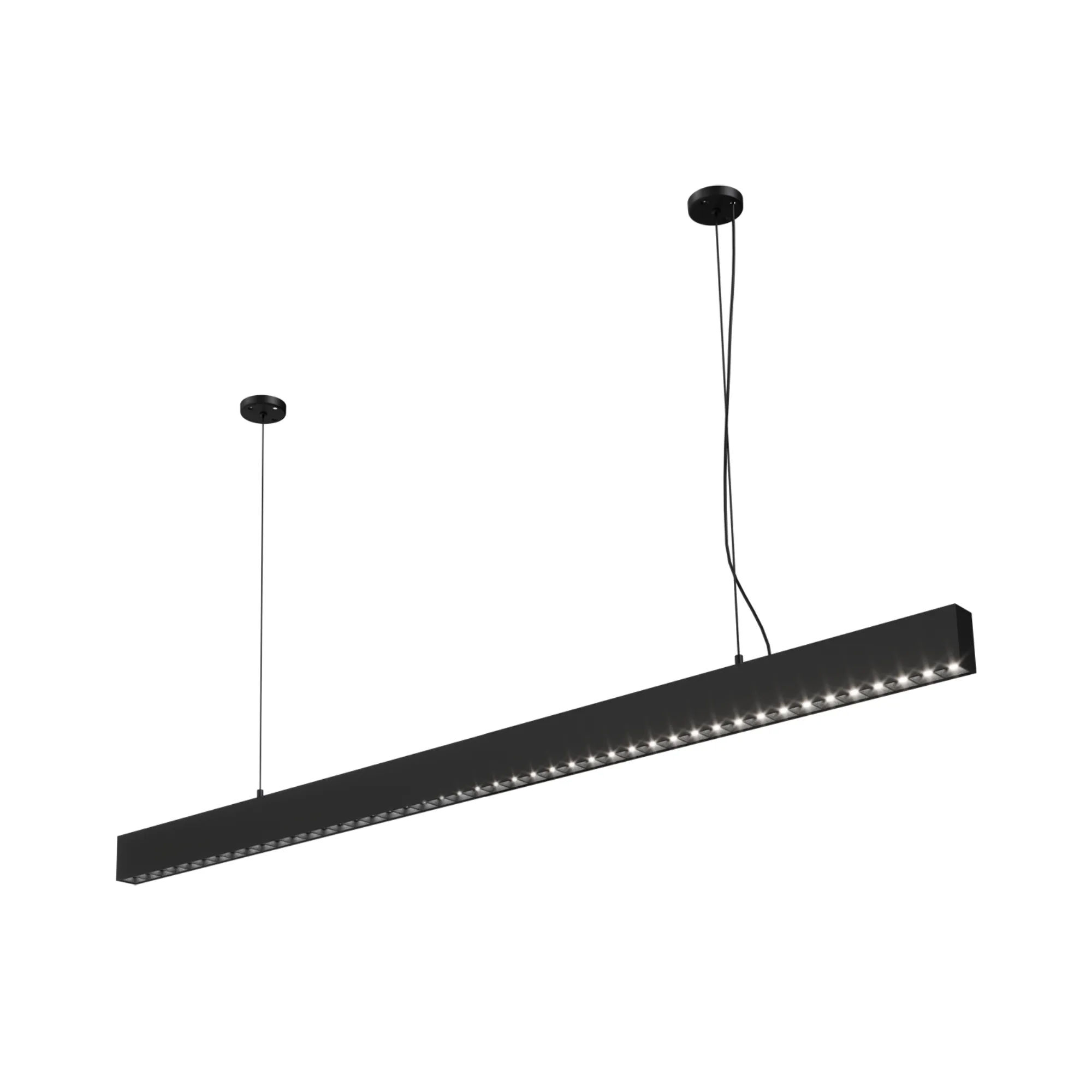 Lampa wisząca Sigi I w kolorze czarnym, z prostokątnym kloszem, zawieszona na dwóch cienkich linkach. Wyposażona w diodę LED o mocy 36W i temperaturze barwowej 3000K, idealna do nowoczesnych wnętrz.
