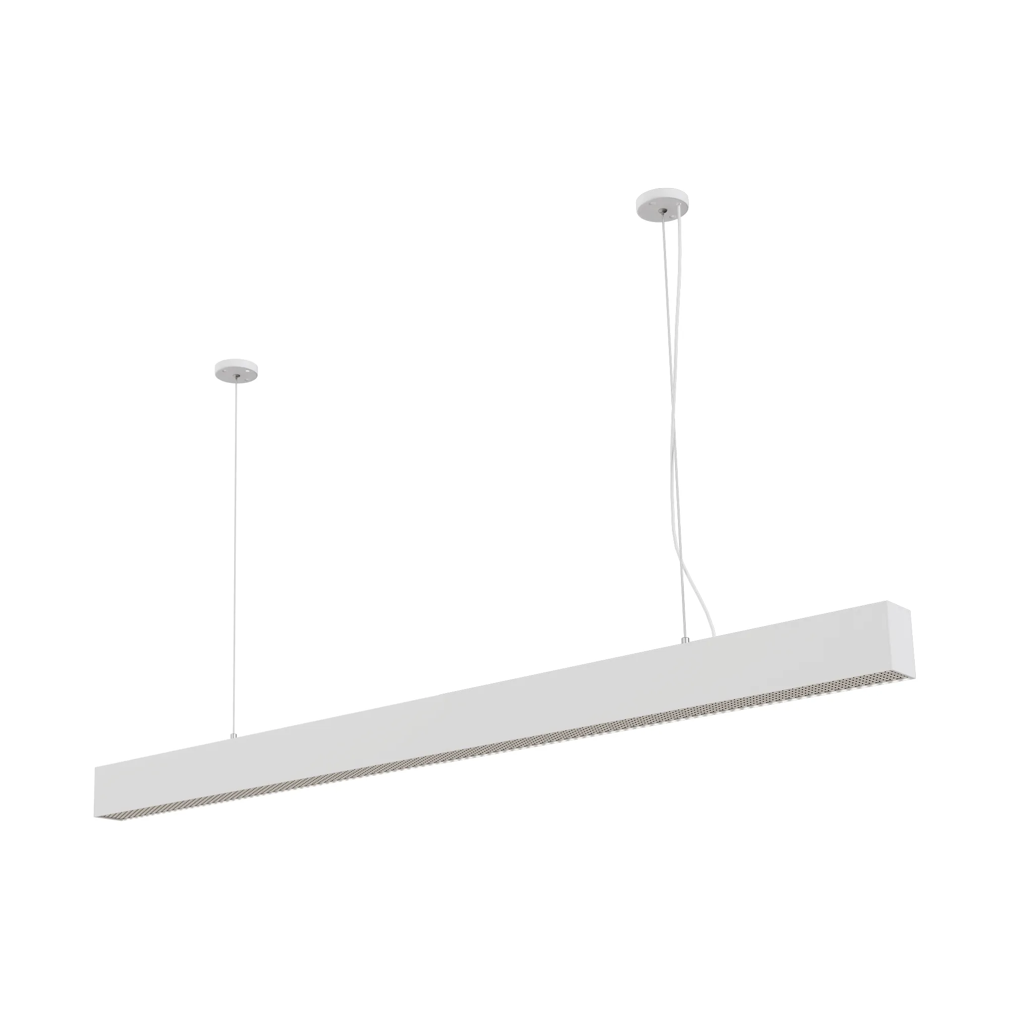 Lampa wisząca Sigi II w kolorze białym, o prostokątnym kształcie, zawieszona na dwóch cienkich kablach. Posiada jedno źródło światła LED o mocy 44W. Widoczna struktura klosza z drobnym wzorem otworów, zapewniająca równomierne rozproszenie światła.