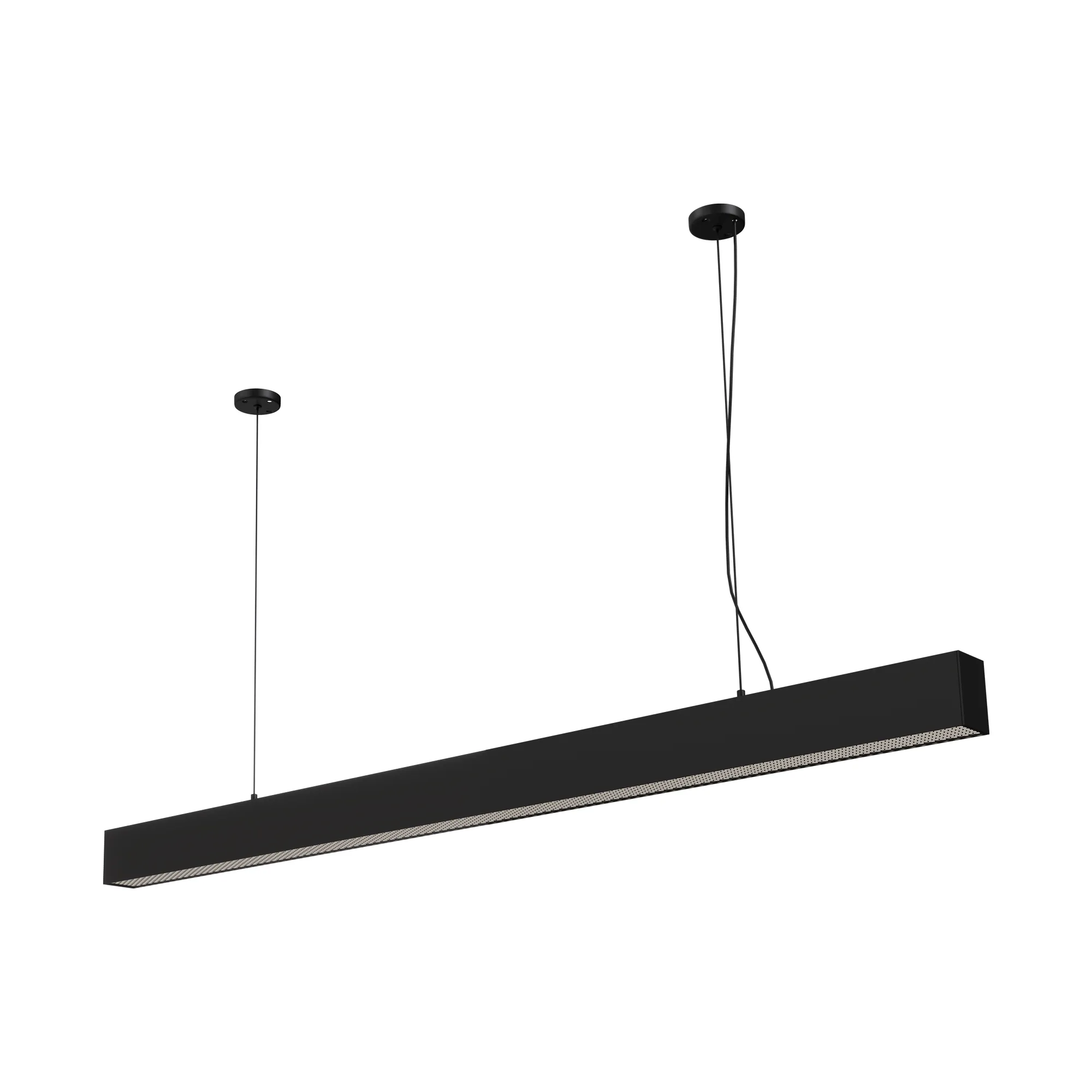 Lampa wisząca Sigi II z czarnym, prostokątnym korpusem z LED o mocy 44W, zawieszona na dwóch cienkich linkach. Produkt ma minimalistyczny design, montowany do sufitu, idealny do nowoczesnych wnętrz.
