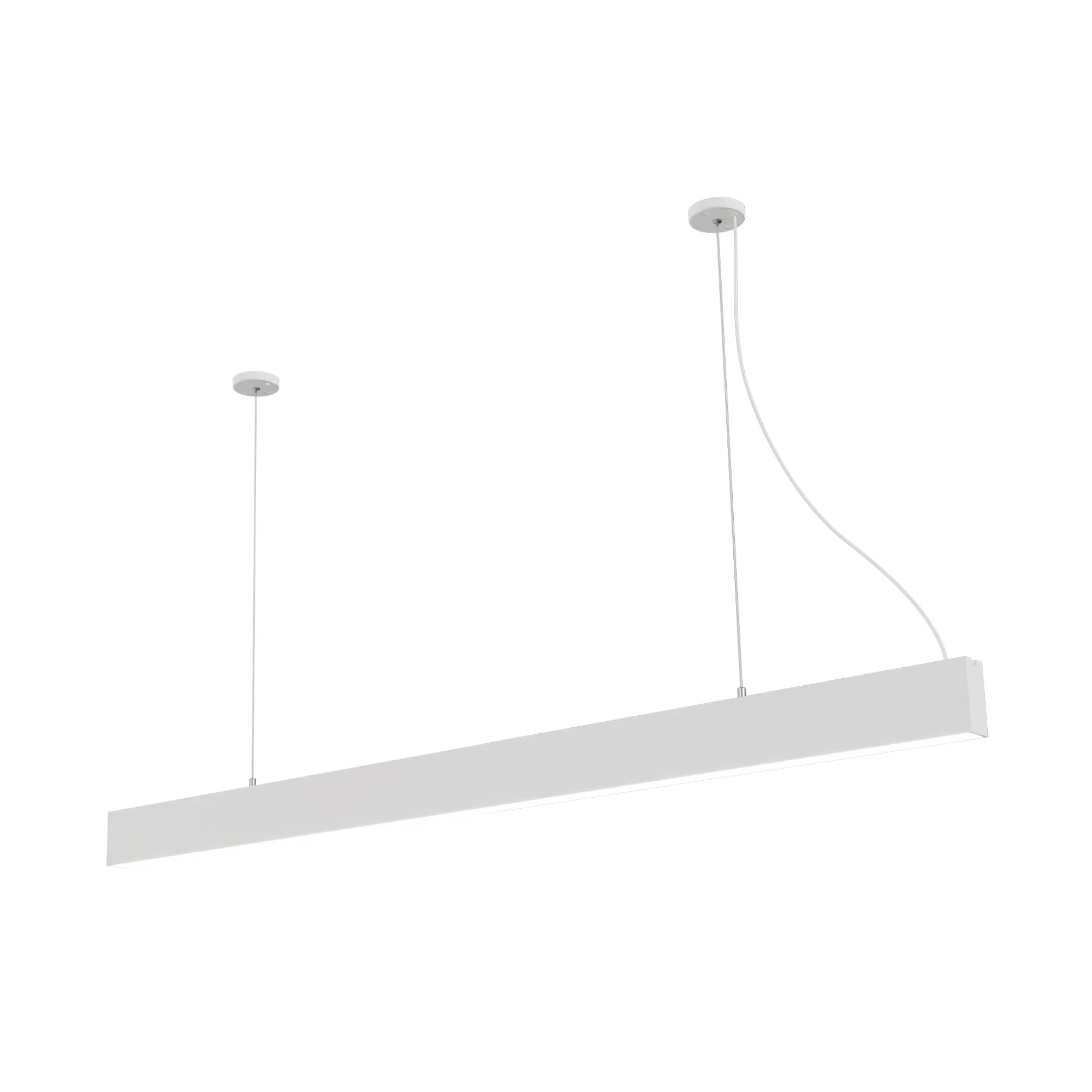 Lampa wisząca Sigi III w kolorze białym, o prostokątnym kształcie, zawieszona na dwóch cienkich linkach. Wyposażona w źródło LED o mocy 36W i temperaturze barwowej 3000K, umieszczona na jednolitym tle.