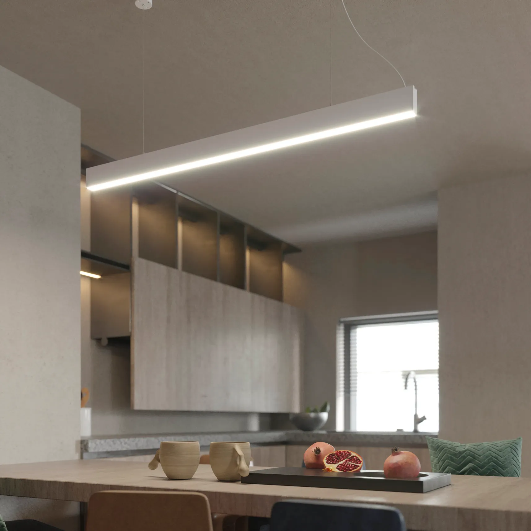 Lampa wisząca Sigi III w kolorze białym, z lampą LED 36W, zawieszona nad stołem w kuchni. Prosta, prostokątna forma z delikatnym podświetleniem, idealna do nowoczesnych wnętrz. W tle widoczne drewniane meble i naczynia.