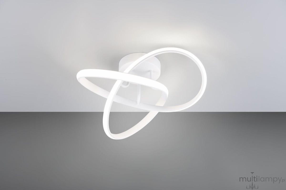 Lampa sufitowa Meo w kolorze białym, z jedną żarówką LED o mocy 15W i temperaturze barwowej 4000K. Posiada dwa okręgi w kształcie elips, zamontowane na okrągłej podstawie. Ujęcie frontalne, na jednolitym tle.