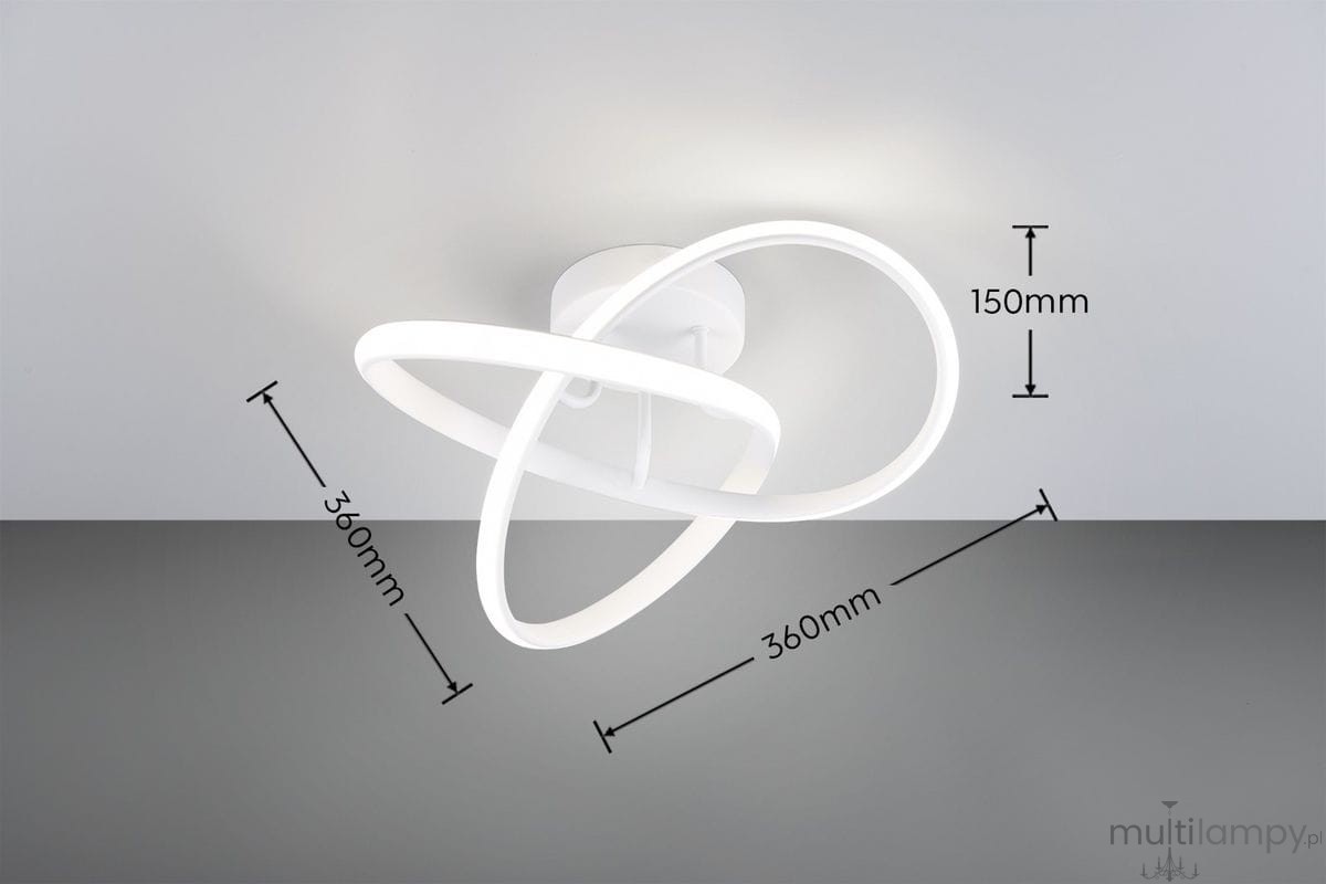 Lampa sufitowa Meo z jedną diodą LED o mocy 15W i barwie 4000K, w białym kolorze. Okrągła konstrukcja z dwoma oskrzydlonymi elementami, wisi na wysokości 150 mm. Wymiary: 360 mm średnicy. Tło jasne, stonowane.