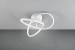 Lampa sufitowa Meo w kolorze białym, z asymetrycznymi pierścieniami. Zainstalowana na suficie, widoczna w perspektywie z góry. Wyposażona w źródło światła LED o mocy 15W i temperaturze barwowej 4000K. Tło w odcieniu szaro-skalnym.