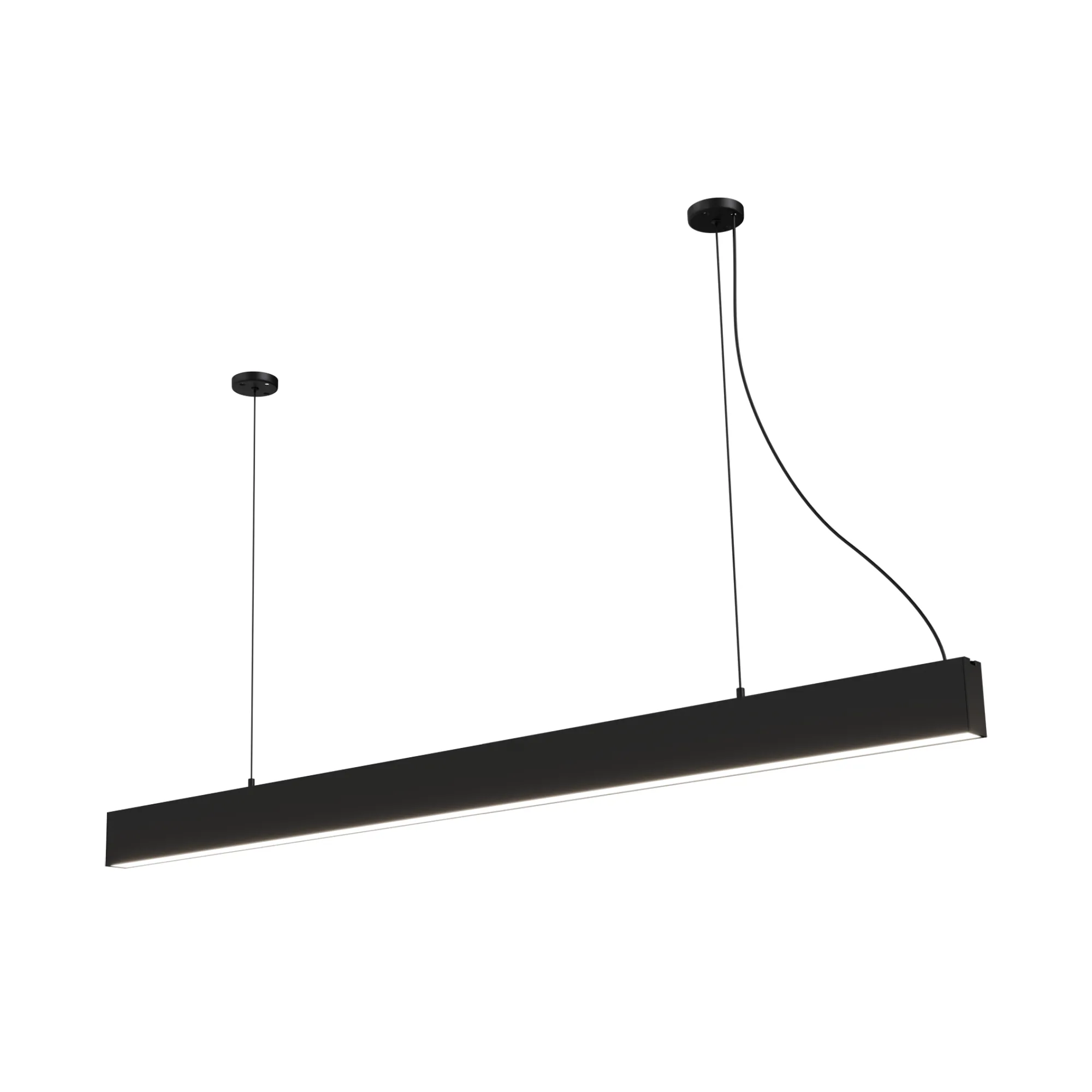 Lampa wisząca Sigi III w kolorze czarnym, z metalowym korpusem i jedną diodą LED o mocy 36W i temperaturze barwowej 3000K. Ujęcie z boku, zawieszona na dwóch cienkich linkach. Prosty, minimalistyczny kształt, idealna do nowoczesnych wnętrz.