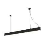 Lampa wisząca Sigi III w kolorze czarnym, z metalowym korpusem i jedną diodą LED o mocy 36W i temperaturze barwowej 3000K. Ujęcie z boku, zawieszona na dwóch cienkich linkach. Prosty, minimalistyczny kształt, idealna do nowoczesnych wnętrz.