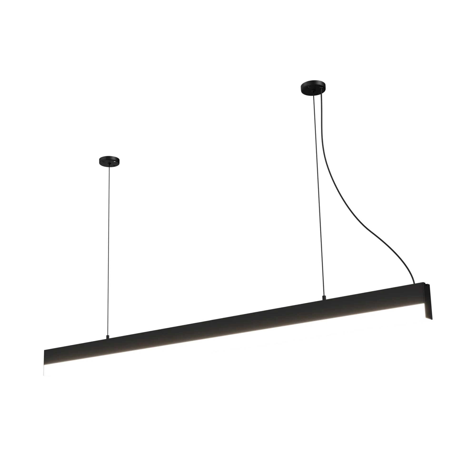 Lampa wisząca Sigi IV w kolorze czarnym, z diodą LED 36W i temperaturą barwową 3000K. Posiada prostokątny kształt, zawieszona na dwóch cienkich linkach. Tło białe, co podkreśla minimalistyczny design.