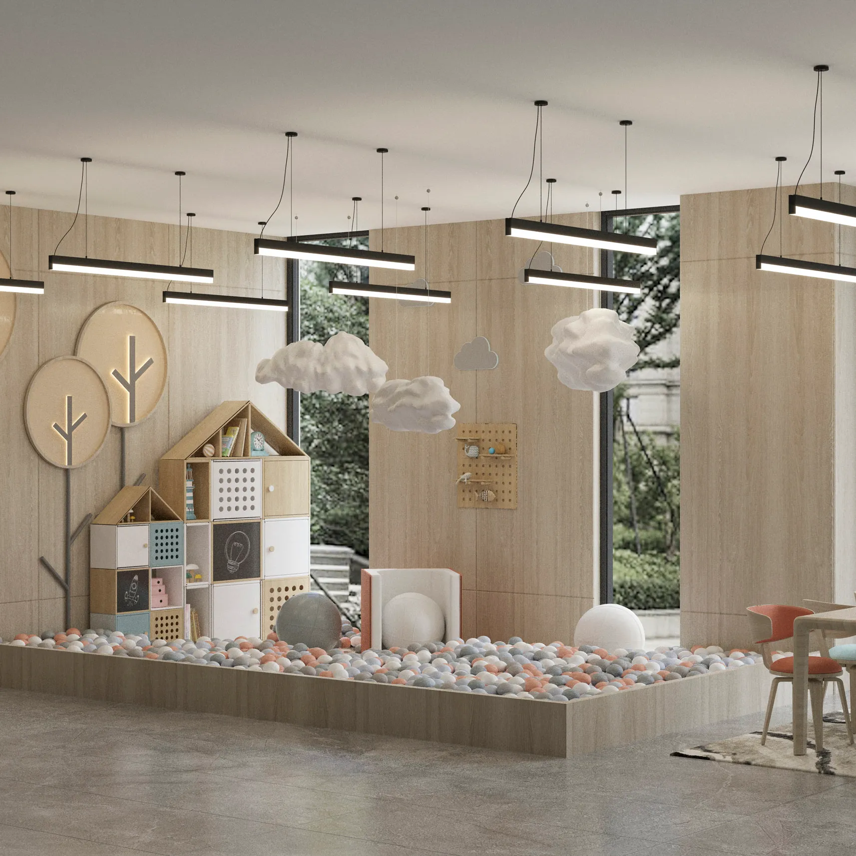 Lampa wisząca Sigi IV, czarna, z jedną diodą LED (36W, 3000K), zawieszona nad przestrzenią zabaw. W tle drewniane ściany, kolorowe elementy dekoracyjne oraz strefa z piłkami. Wnętrze nowoczesne, jasne, z dużymi oknami.