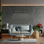 Lampa wisząca Sigi V w kolorze czarnym, z dwoma źródłami LED o mocy 45W i temperaturze barwowej 3000K. Zamontowana nad sofą, w nowoczesnym wnętrzu z szarymi ścianami i drewnianą podłogą.