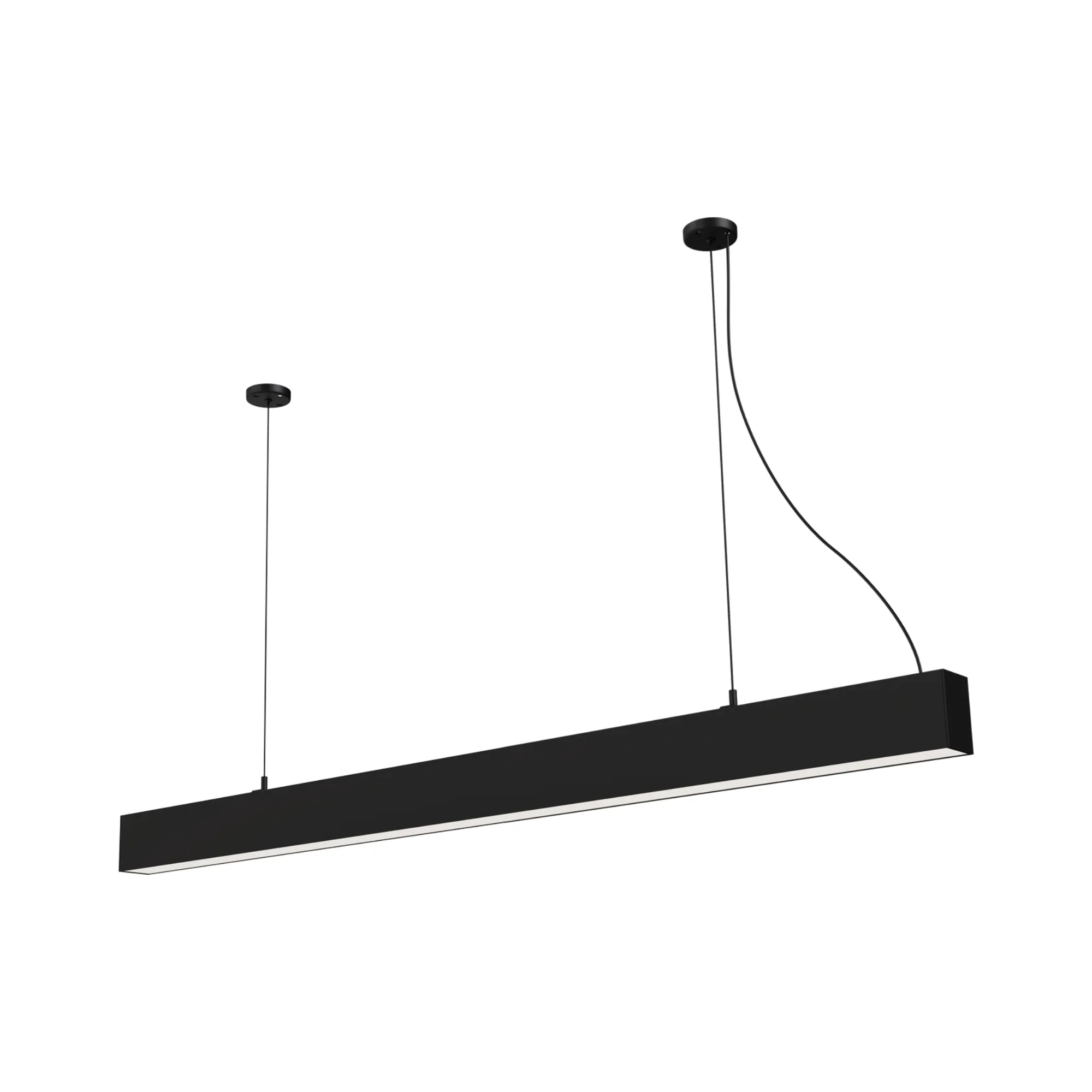 Lampa wisząca Sigi V w kolorze czarnym, o prostokątnym kształcie, zawieszona na dwóch cienkich linkach. Wyposażona w dwa źródła LED o mocy 45W i temperaturze barwowej 3000K, z widoczną białą krawędzią emitującą światło.