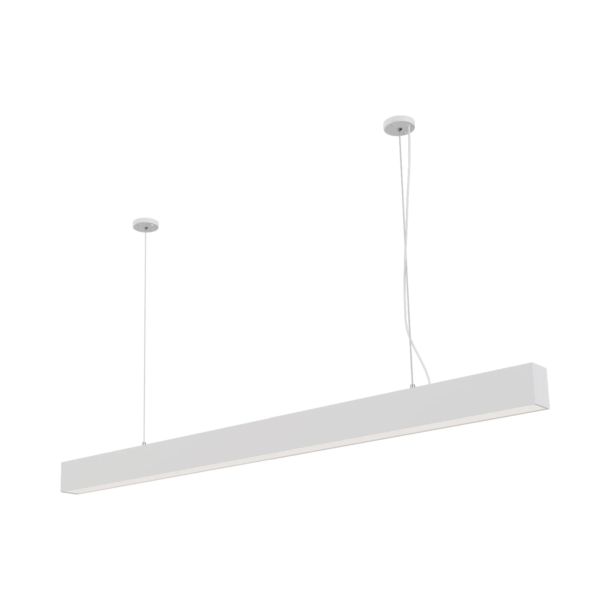 Lampa wisząca Sigi VI w kolorze białym, z prostokątnym korpusem, zawieszona na dwóch cienkich linkach. Zastosowanie technologii LED o mocy 43W, emitująca światło w różnych temperaturach barwowych.
