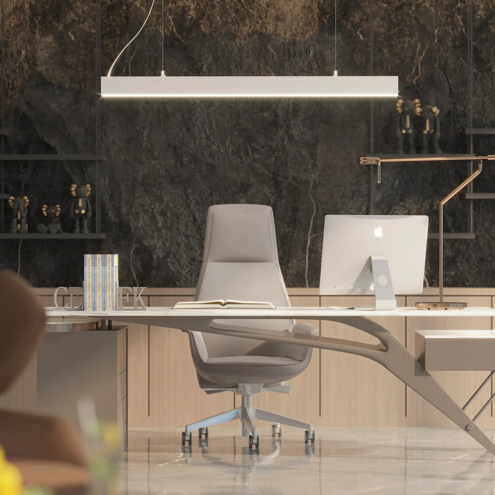 Lampa wisząca Sigi VI w kolorze białym, wykonana z metalu, z jedną diodą LED o mocy 43W. Zawieszona poziomo, w minimalistycznym stylu, doskonale oświetla biurko w nowoczesnym wnętrzu. Tło w odcieniach szarości z drewnianymi elementami.