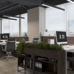 Lampa wisząca Sigi VI w kolorze czarnym, z jednym źródłem LED o mocy 43W. Prosty, nowoczesny kształt, zawieszona w biurowym wnętrzu, oświetlająca przestrzeń roboczą. Elementy dekoracyjne wokół roślinności w tle.