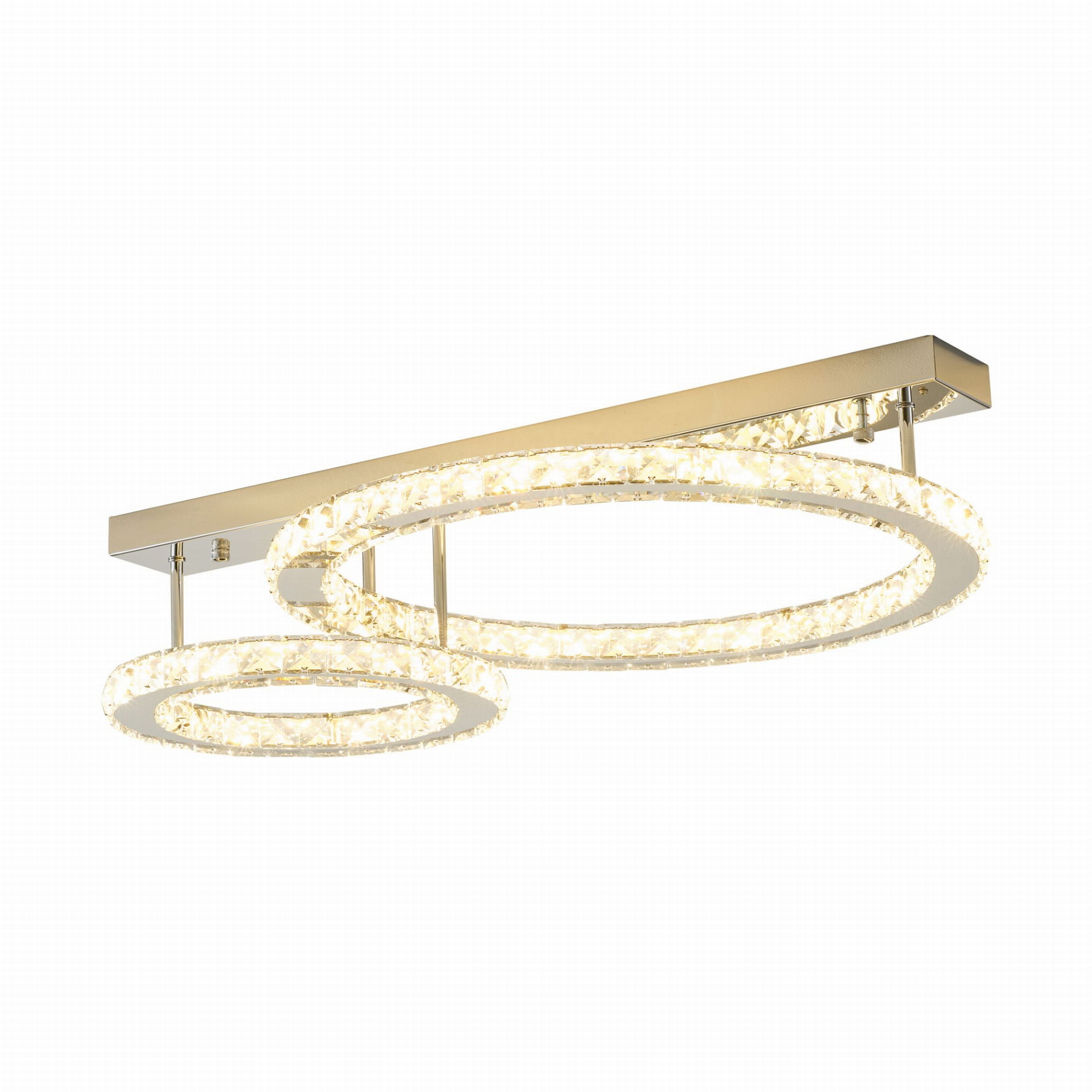 Lampa sufitowa Girona z dwoma okrągłymi kloszami LED, w kolorze chromu, z przezroczystymi dekoracjami. Ujęcie z góry, klosze zawieszone na metalowej konstrukcji, emitujące ciepłe światło. Prosty, nowoczesny design idealny do wnętrz.