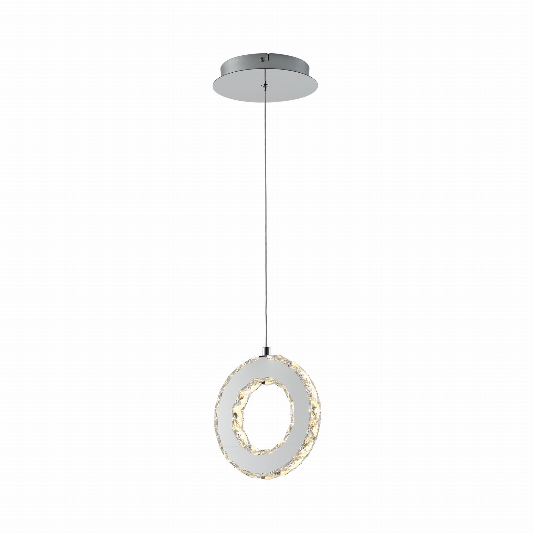 Lampa wisząca Girona z chromowanym wykończeniem, z okrągłym kloszem w białym kolorze i dekoracyjnym wzorem. Źródło światła LED 10W, zawieszona na cienkim przewodzie, w prostym, nowoczesnym stylu, na jednolitym tle.