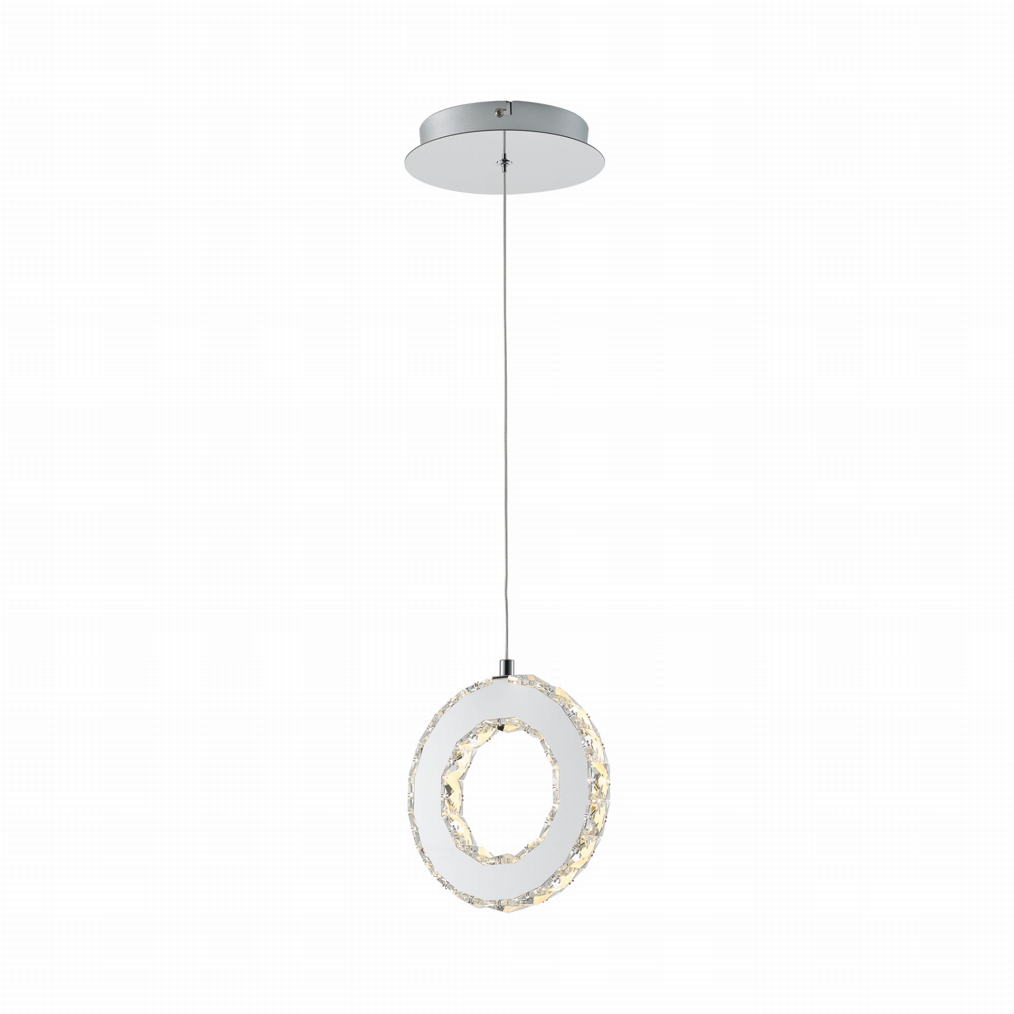 Lampa wisząca Girona 1xLED/10W w chromowanej obudowie, zawieszona na cienkim przewodzie. Okrągły kształt z białym wnętrzem i dekoracyjnymi elementami świetlnymi na zewnątrz, idealna do nowoczesnych wnętrz.