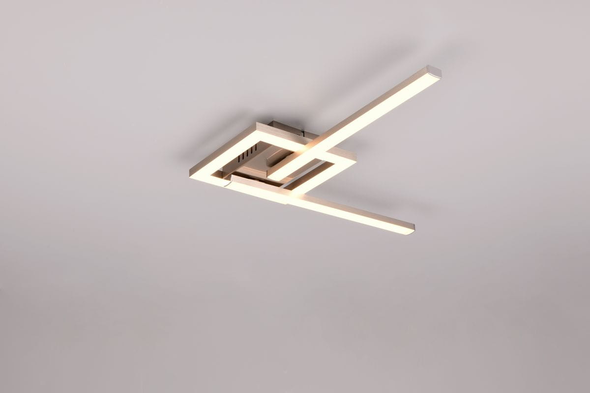 Lampa sufitowa Viale w kolorze niklowym, z jedną diodą LED 17W, emitującą światło o temperaturze barwowej 3000K. Produkt ma nowoczesny, geometryczny kształt z dwoma prostokątnymi ramionami. Ujęcie z góry, na jednolitym tle.