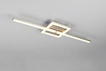 Lampa sufitowa Viale w kolorze niklowym, z jedną żarówką LED o mocy 17W, ciepłej barwie światła 3000K. Prosty, nowoczesny kształt z poziomymi i pionowym elementem w formie kwadratu. Montaż sufitowy, widoczna konstrukcja metalowa.