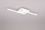 Lampa sufitowa Viale, biała, z jedną diodą LED o mocy 17W i barwie 4000K. Prosty, kwadratowy design z dwoma prostokątnymi ramionami. Ujęcie z dołu, pokazujące montaż na suficie.