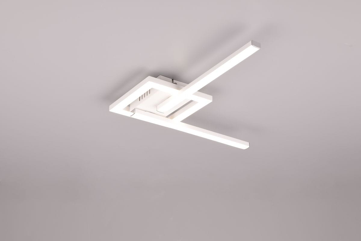 Lampa sufitowa Viale w kolorze białym, z jedną diodą LED o mocy 17W i temperaturze barwowej 4000K. Posiada nowoczesny, prostokątny kształt z dwiema poziomymi, podłużnymi ramionami. Montowana na suficie, z widocznymi detalami konstrukcyjnymi.