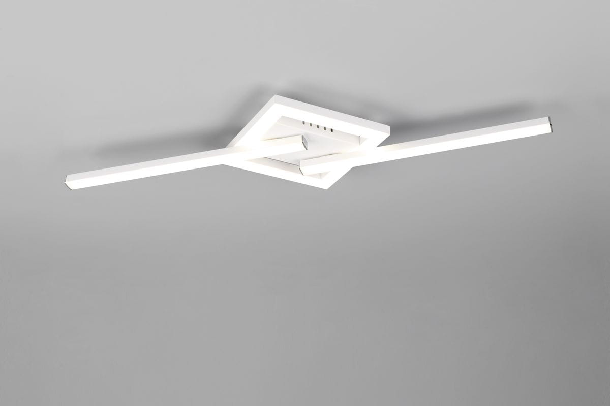 Lampa sufitowa Viale w kolorze białym, z jedną diodą LED o mocy 17W i temperaturze barwowej 4000K. Posiada nowoczesny, kwadratowy kształt z dwoma równoległymi, prostokątnymi elementami świetlnymi, zamontowana na szarym tle.