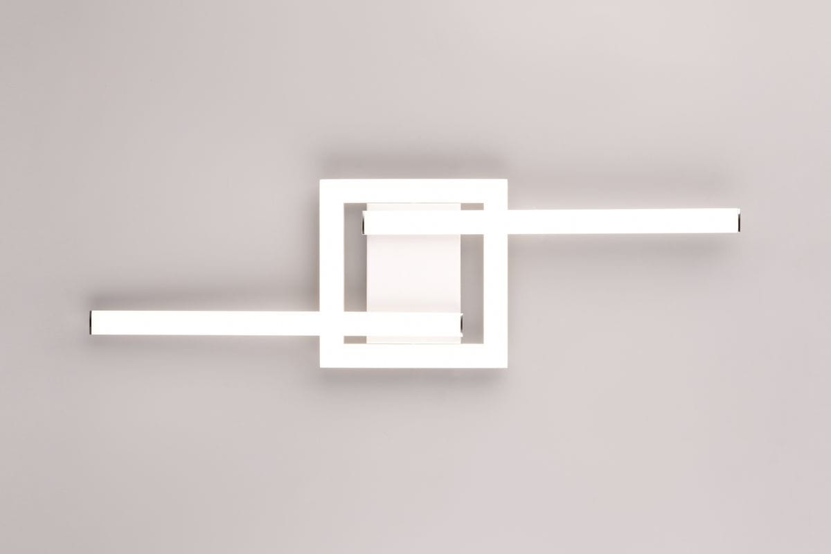 Lampa sufitowa Viale w kolorze białym, z jedną diodą LED o mocy 17W i temperaturze barwowej 4000K. Produkt ma nowoczesny, geometryczny kształt z prostokątnymi elementami i jest zamontowany na gładkiej ścianie.
