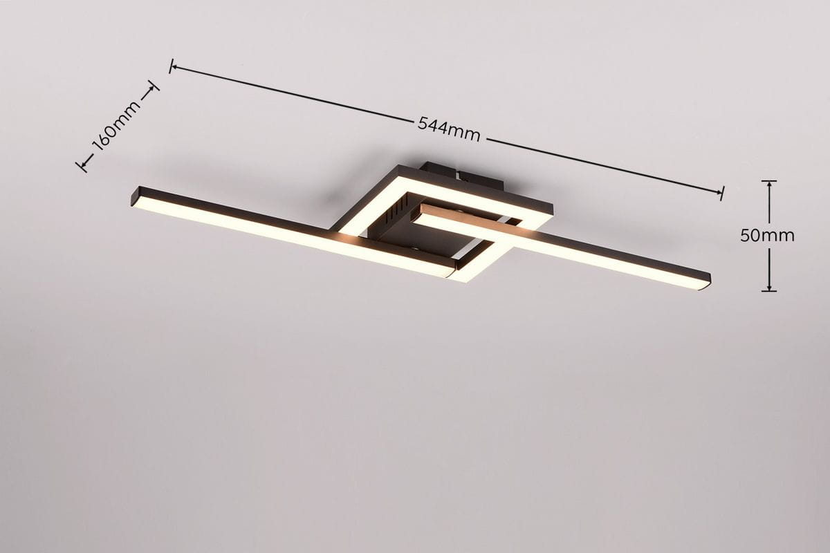 Lampa sufitowa Viale w kolorze czarnym, z jedną diodą LED o mocy 17W i temperaturze barwowej 3000K. Kształt prostokątny, z widoczną konstrukcją o wymiarach 544mm x 160mm x 50mm, zamontowana na suficie.