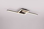 Lampa sufitowa Viale w kolorze czarnym, z jedną diodą LED o mocy 17W. Posiada nowoczesny, geometryczny kształt z prostokątnymi ramionami i ciepłym światłem 3000K. Ujęcie z góry, zamontowana na suficie.