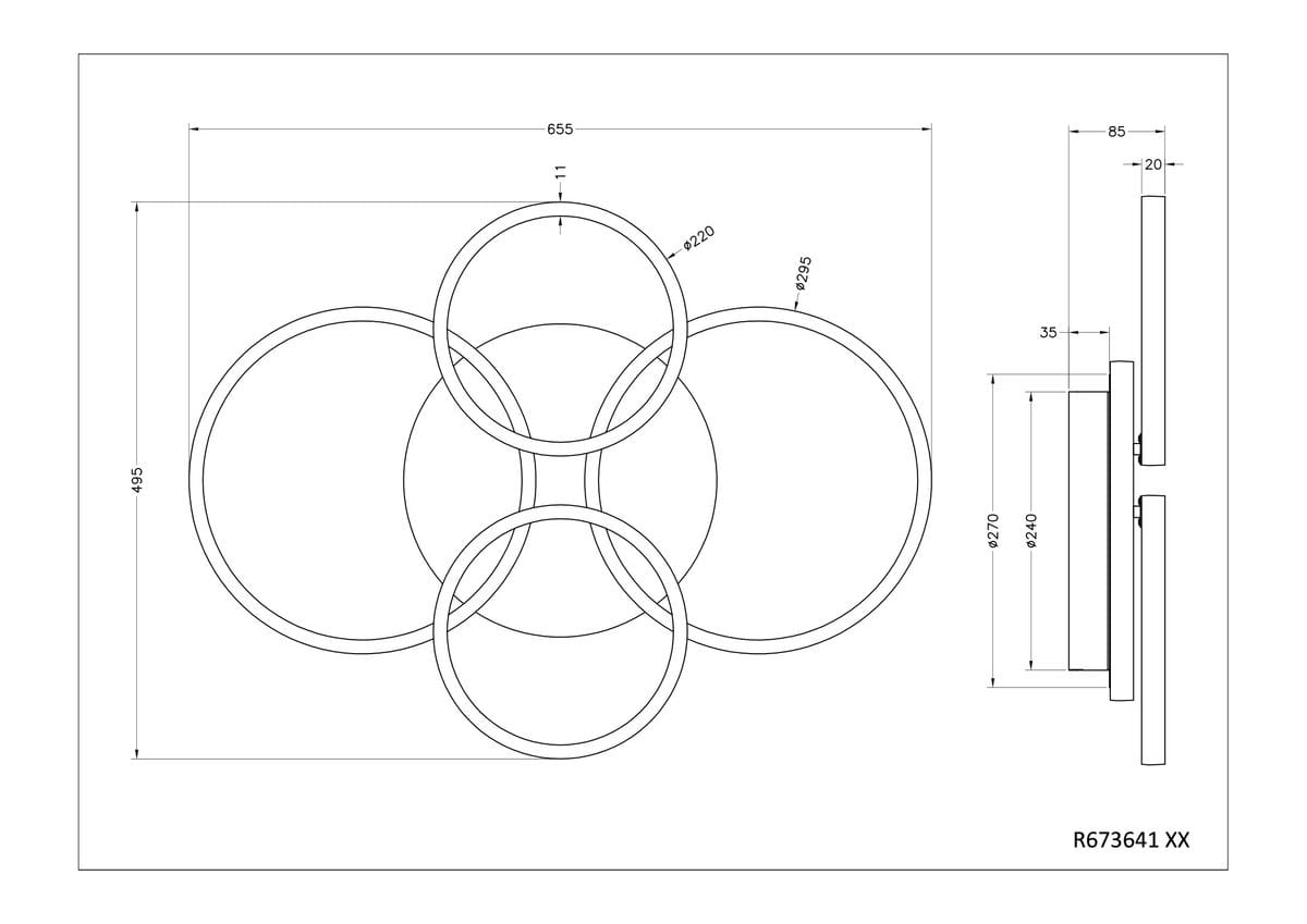 Lampa sufitowa Cires z czterema okrągłymi oprawami LED, chromowana, moc 27W, temperatura barwowa 4000K. Ujęcie z góry, pokazujące wymiary: średnica dużych pierścieni 295 mm, mniejszych 220 mm, wysokość 85 mm.