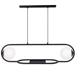 Czarna lampa wisząca Finestra z dwoma oprawami; minimalistyczny design z okrągłymi, białymi kloszami. Ujęcie frontalne, zawieszona na dwóch cienkich linkach, z prostokątnym mocowaniem sufitowym.