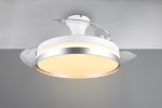 Lampa sufitowa Lindberg z wentylatorem, biała z tytanowym wykończeniem, okrągła, z przezroczystymi elementami. Źródło światła LED 1x35W, z pilotem do zdalnego sterowania. Montowana na suficie, w pozycji wiszącej, z delikatnym podświetleniem.