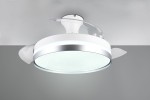 Lindberg lampa sufitowa z wentylatorem, biała z tytanowym wykończeniem, o okrągłej formie. Wyposażona w diodę LED 35W oraz pilot. Widoczne przezroczyste łopatki wentylatora, zamontowana na suficie, na szarym tle.