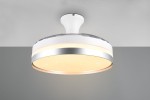 Lindberg lampa sufitowa z wentylatorem, biała z tytanowym wykończeniem. Okrągła, z wbudowanym oświetleniem LED 35W, z przezroczystą dekoracją i metalową obręczą. Zawieszona na suficie, z pilotem w zestawie, idealna do nowoczesnych wnętrz.