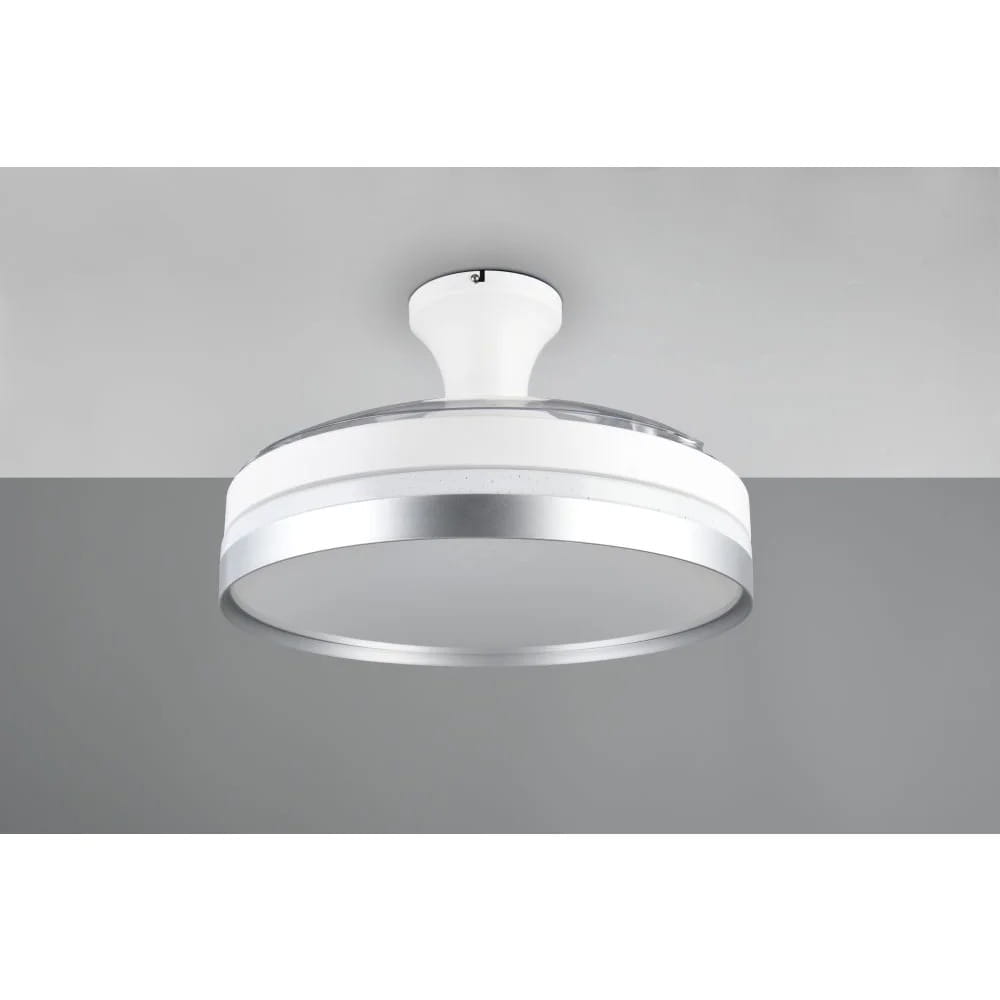 Lindberg lampa sufitowa z wentylatorem, biała z tytanowymi detalami, okrągła, zamontowana na suficie. Wyposażona w pilot, zintegrowane oświetlenie LED o mocy 35W. Widoczny gładki klosz i metaliczna obręcz.