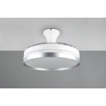 Lindberg lampa sufitowa z wentylatorem, biała z tytanowymi detalami, okrągła, zamontowana na suficie. Wyposażona w pilot, zintegrowane oświetlenie LED o mocy 35W. Widoczny gładki klosz i metaliczna obręcz.