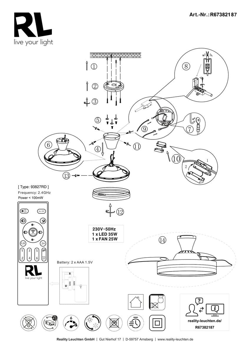Lindberg lampa sufitowa z wentylatorem, biało-tytanowa, z pilotem. Posiada 1 LED o mocy 35W i wentylator 25W. Ujęcie pokazuje lampę z boku, z widocznymi skrzydłami wentylatora. Proste tło dla lepszej widoczności produktu.